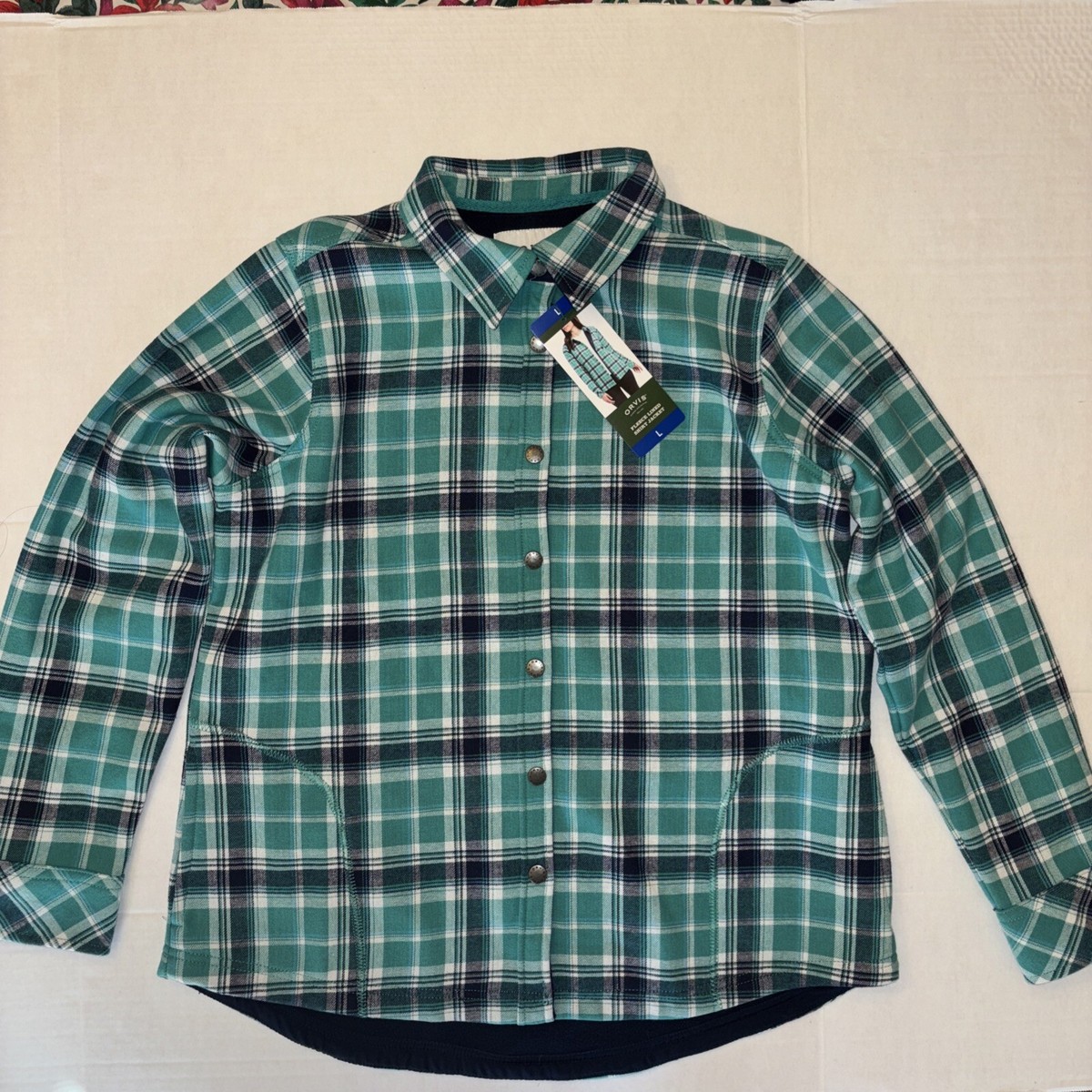 Orvis Snap Front Shirt Jacket Women's L Sea Glass Green Flannel