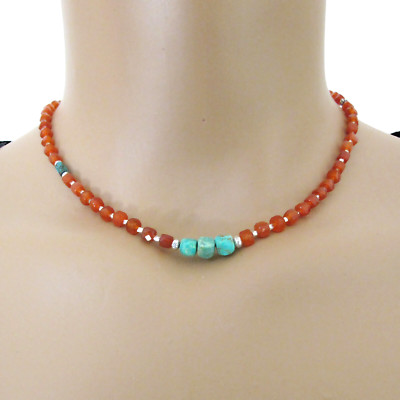 djs Sundance Carnelian Turquoise Cube Sterling Silver Necklace Orange Blue Boho