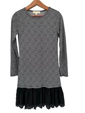 Michael Kors Long Sleeve Dress Pleated Hem Houndstooth Print Black Jersey XS