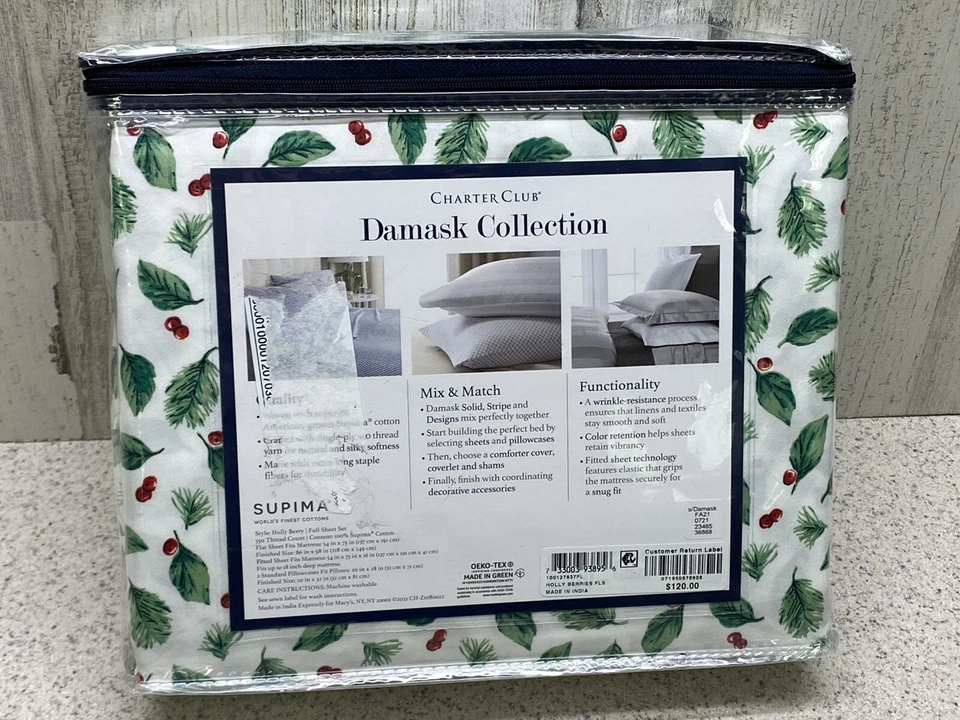 Conjunto completo de lençóis Charter Club Damask Designs 550 fios azevinho novo - Imagem 4 de 4