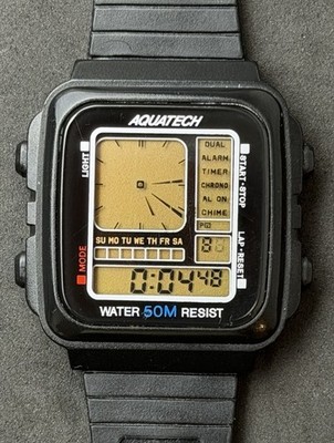 Vtg New 1993 AQUATECH Digital Hands Mens 42mm Ana-Digi Watch Black Alarm Chrono