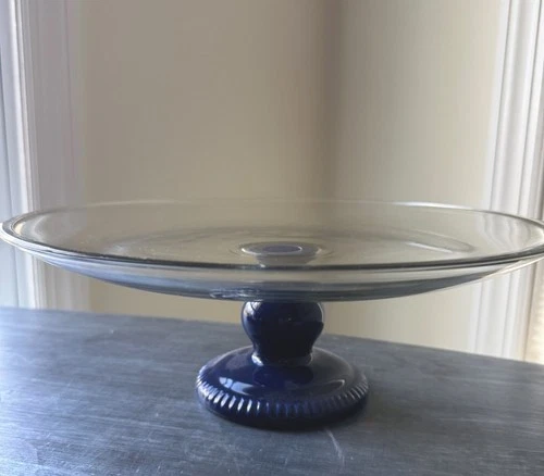 Anchor Hocking Glass Cake Pedestal Serving Plate Stand Cobalt Blue Glossy VTG