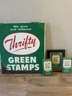 Vintage Thrifty Green Stamps Double Sided Porcelain Metal Sign with BONUS Items