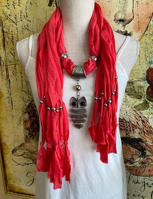 Coral Pink Jersey Knit Fringe Edge Scarf w/ Owl Pendant New Necklace