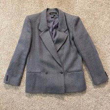 VTG Harve Benard Women 14 Blue Gray Herringbone 100 Wool Double Breasted Blazer