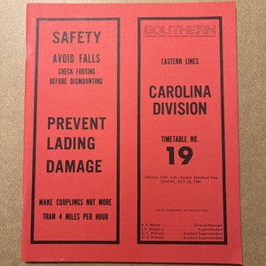 Southern Railway System Timetable #19 Carolina Division 1981 Eastern Lines