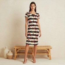 Evening Preppy Midi Dress Multi Floral Stripe Jersey Pencil V-Neck Oasis US 10