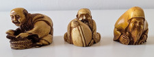 3 Vintage Okimono Figurines Clam Shucker Turtle Holder Japanese Carvings