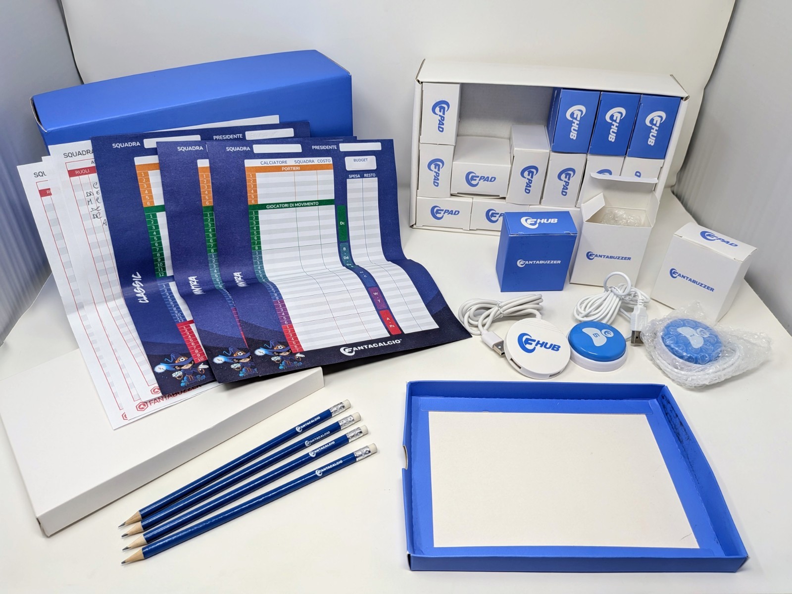12 Pulsanti FANTABUZZER originali per asta Fantacalcio kit con hub USB e matite
