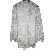 Haute Rogue Boho Crochet Lace Bell Sleeve Mini Dress XS White Medallion