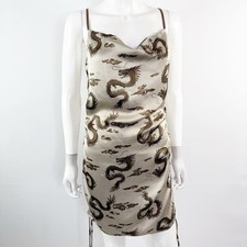 Timing Tan Satin Dragon Print Mini Dress Size M Cocktail Clubwear Party NEW