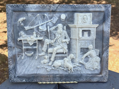 VTG. 1975 Incolay Stone Pioneer & Wife W/ Hunting Dogs In Cabin 11x8.5'' Wall Art