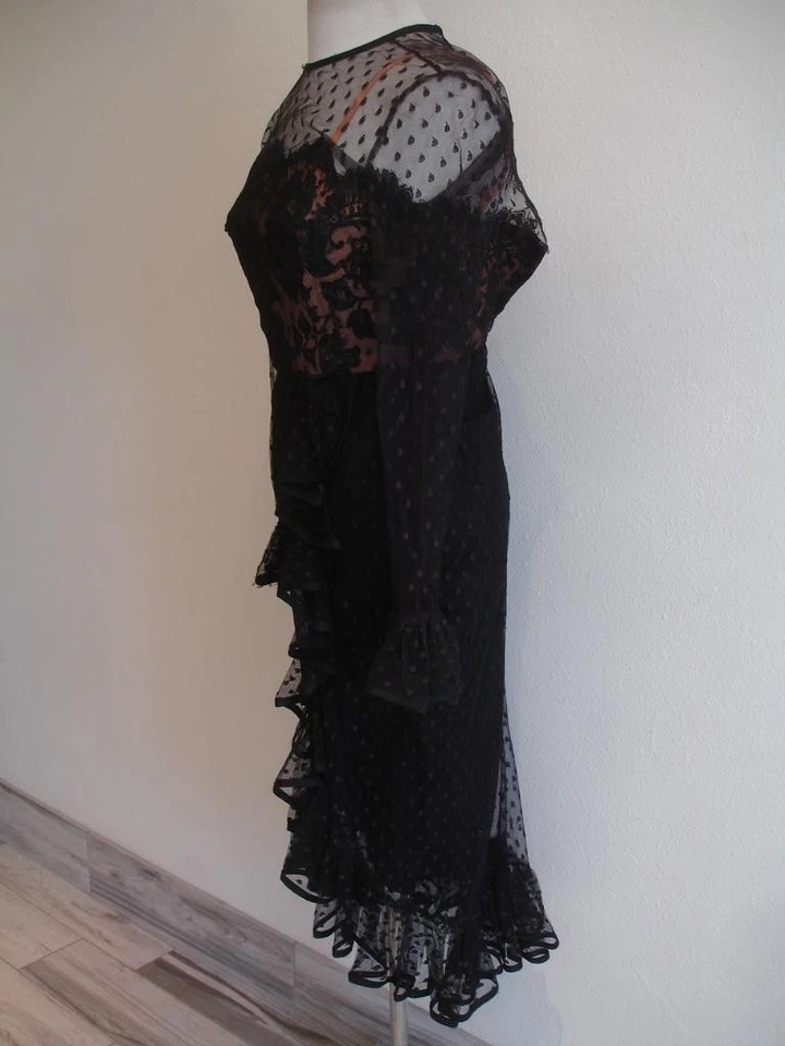 Women's XS S 10 Vtg 1970's Jack Bryan Sheer Polka-Dot Dress Tango Ruffled Black - Image 2 of 4