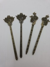 Vintage Bronze Tone Lotus Bird Hair Sticks Two Pairs Ornate Asian Style