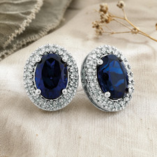 2 Ct Oval Lab Created Blue Sapphire Halo Stud...