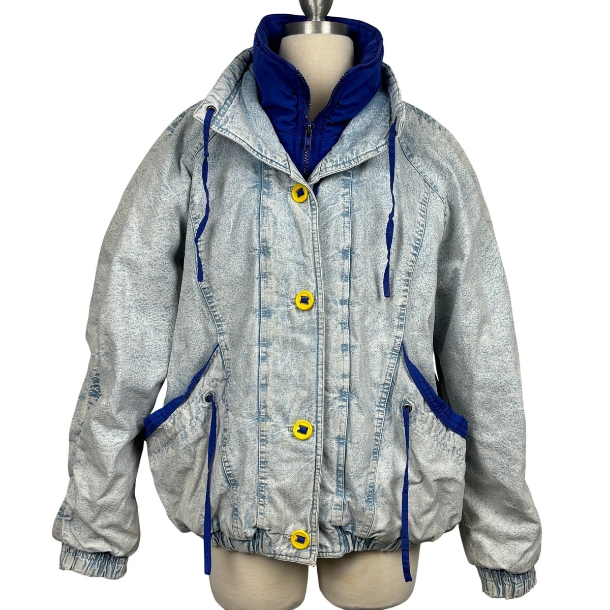 Vintage 90s Gitano Acid Wash Denim Bomber Jacket Blue Yellow