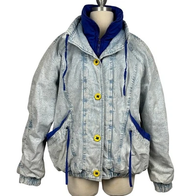 Vintage 90s Gitano Acid Wash Denim Bomber Jacket Blue Yellow Women's Small - Image 1 of 4