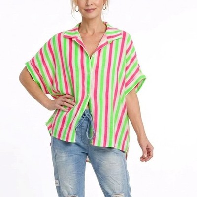 Italy Musselin Bluse 38 40 42 44 46 Oversize Neon Grün Gestreift Tunika Kurzarm