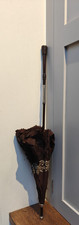 Antique silk embroidered brown silver plated trim parasol - cane stem