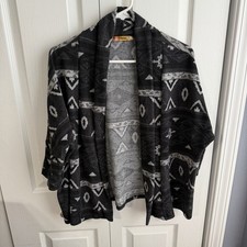 Always Black Gray Aztec Southwestern Open Front Cardigan 3/4 Sleeve Y2K Rodeo US