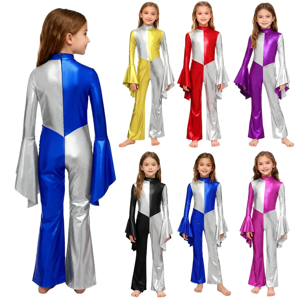 Girl Color Block Metallic Jumpsuit Character Hippie 70s Disco Halloween Costume  - Image 2 of 4