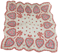 Valentine Hearts Floral Pink Roses Bows Ribbons Hankie Handkerchief Cotton Gift