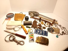 Vtg Junk Drawer Lot Mini Tool Set Jewelry BS Rubber Stamp Copper US Buckle Watch