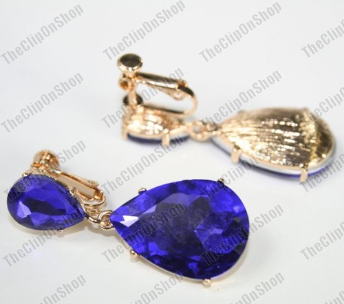 CLIP ON 4cm BIG CRYSTAL DROPS EARRINGS sapphire blue SPARKLY gold plated GLASS - Picture 5 of 9