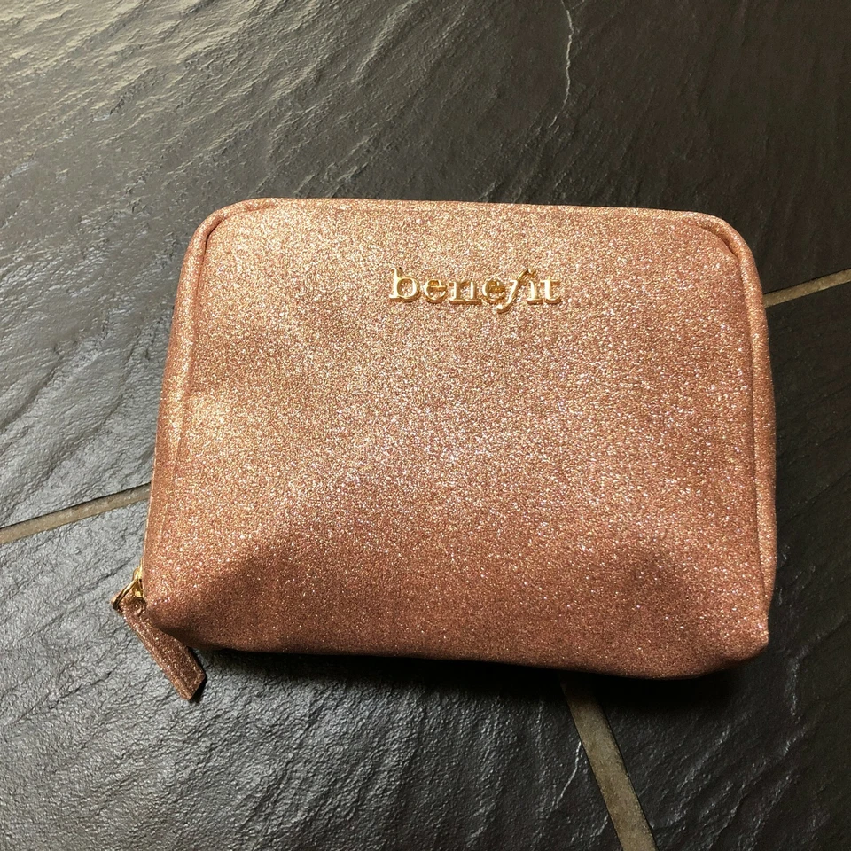 BENEFIT ROSE GOLD GLITTER TOILETRY COSMETIC BAG NEW