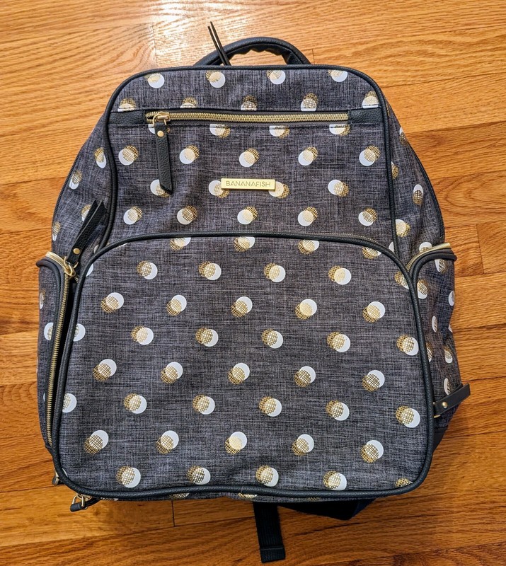 BananaFish Backpack Gray Diaper Bag White Dots Insulated Adjust. Straps - Unused