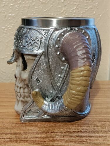 Stainless Steel Double Handle Horn Skull Beer Cup Viking Warrior Skull Mug - Picture 3 of 13