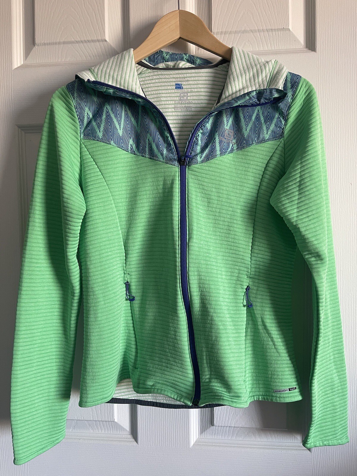 Giacca Salomon full zip pelle avanzata calda con cappuccio donna M lana tasche verde