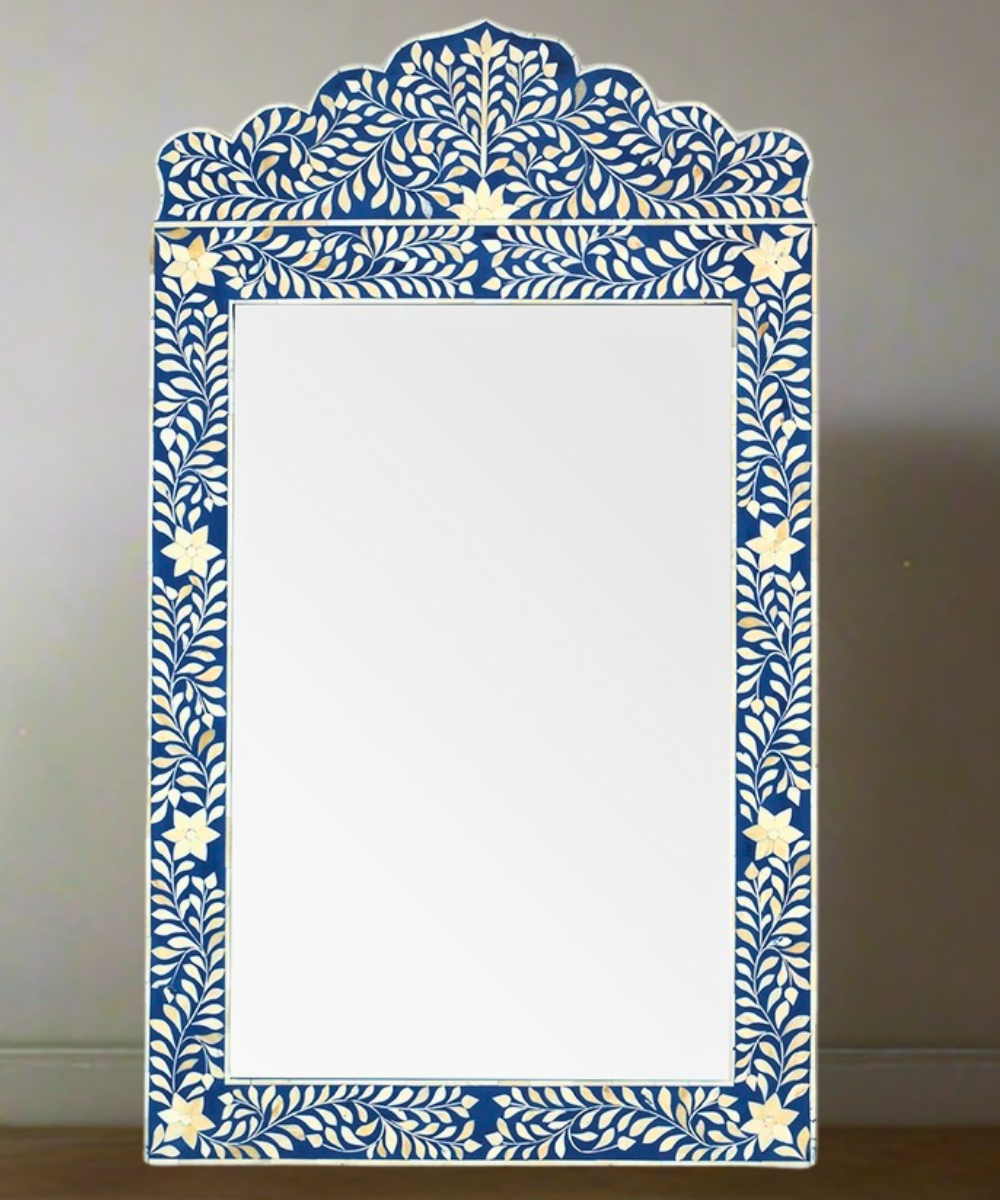 Bone Inlay Floral Design Mirror Frame in Blue Color