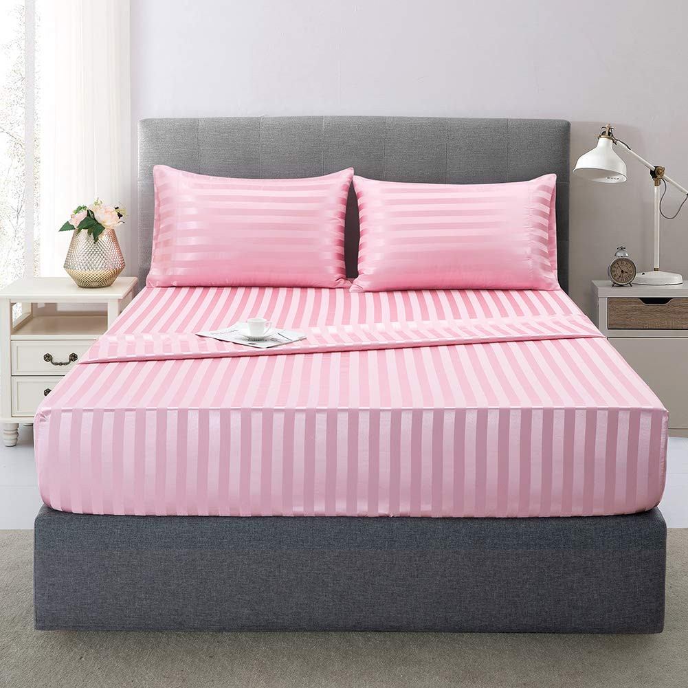 Satin-Silk Sheets Queen Size Bed Set, Pink Soft Cooling Deep Pocket Queen She...