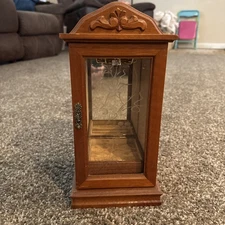 Vintage Glass Front Necklace Spin Jewelery Box Wooden With Velvet Ring Tray