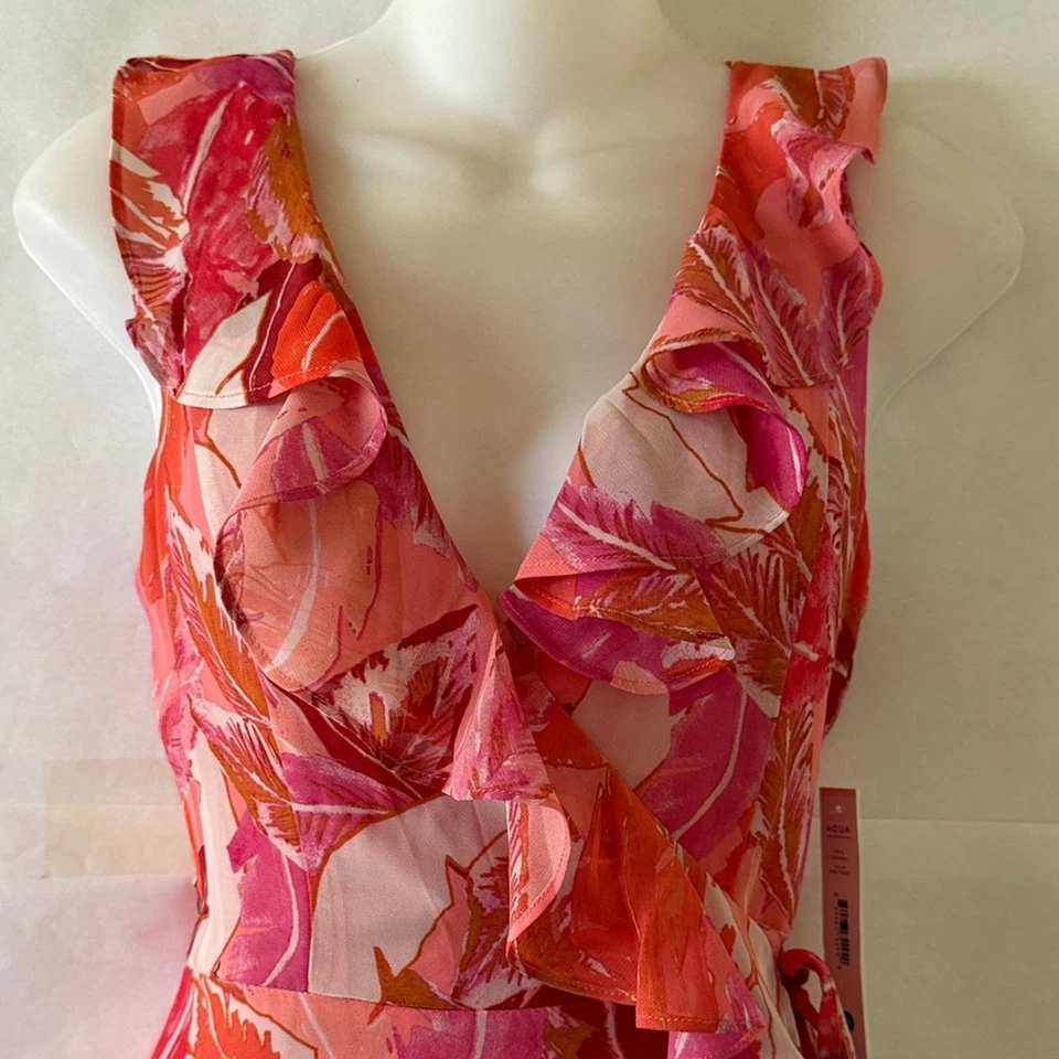 Maxi Vestido Aqua Wrap Talla XS Rosa Naranja Floral Volantes Nuevo con Etiquetas Alto Bajo Gasa Evento Foto 3 de 4