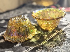 Vintage Pair Indiana Glass Wild Rose Marigold Carnival Glass Taper Candle Holder