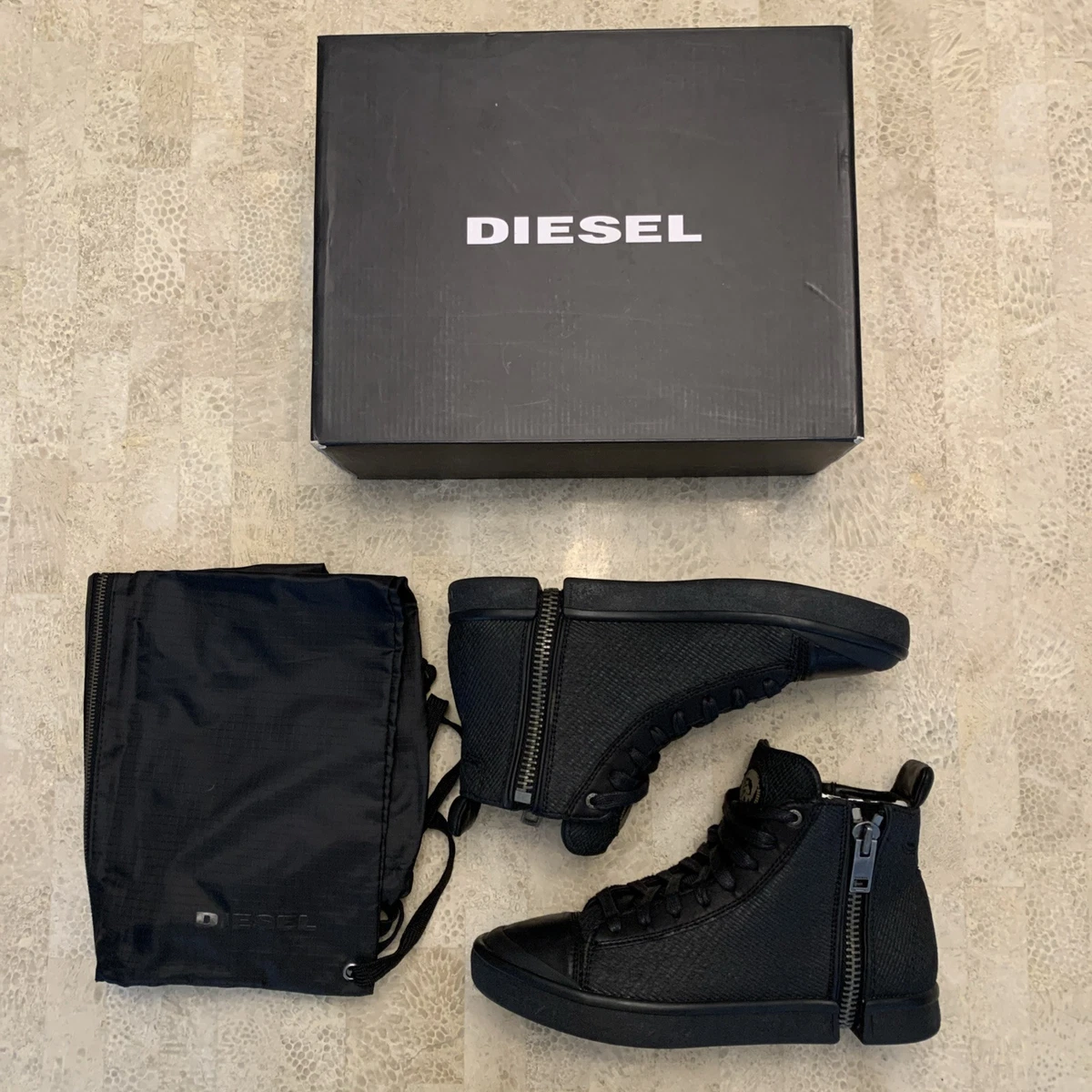 Diesel S-Nentish Black High Zip Round Leather Sneakers Men's Size