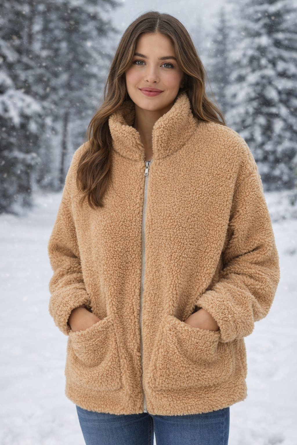 Women’s Teddy Sherpa Fleece Zip Up Jacket Beige Cozy Warm Winter Size M