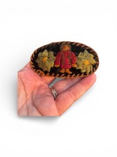 Vintage Leather Velvet Embroidered Barrette Folk Art Floral Artisan Hair Clip