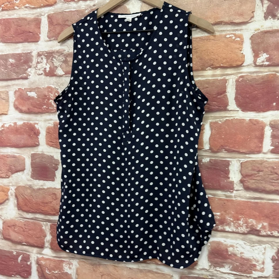 紫色和克莱尔上衣女式大号深蓝色白色波点无袖衬衫 — 第 3/4 张图片