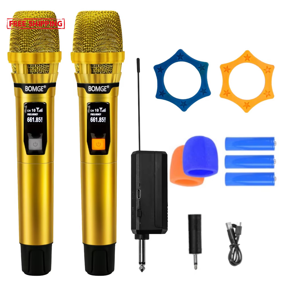 Professionelles kabelloses 2-Kanal DJ-Karaoke-Mikrofonsystem mit leuchtendem Gold