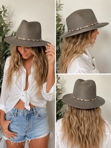 Marcus Adler Wide Brim Fedora Hat Taupe Gray Woven Paper Blend Boho Marcus Adler Wide Brim Fedora Hat Taupe Gray Woven Paper  main image 4