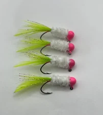 Hand Tied Feather Tail Crappie Jigs Pink, White and Chartreuse 1/16th ounce New