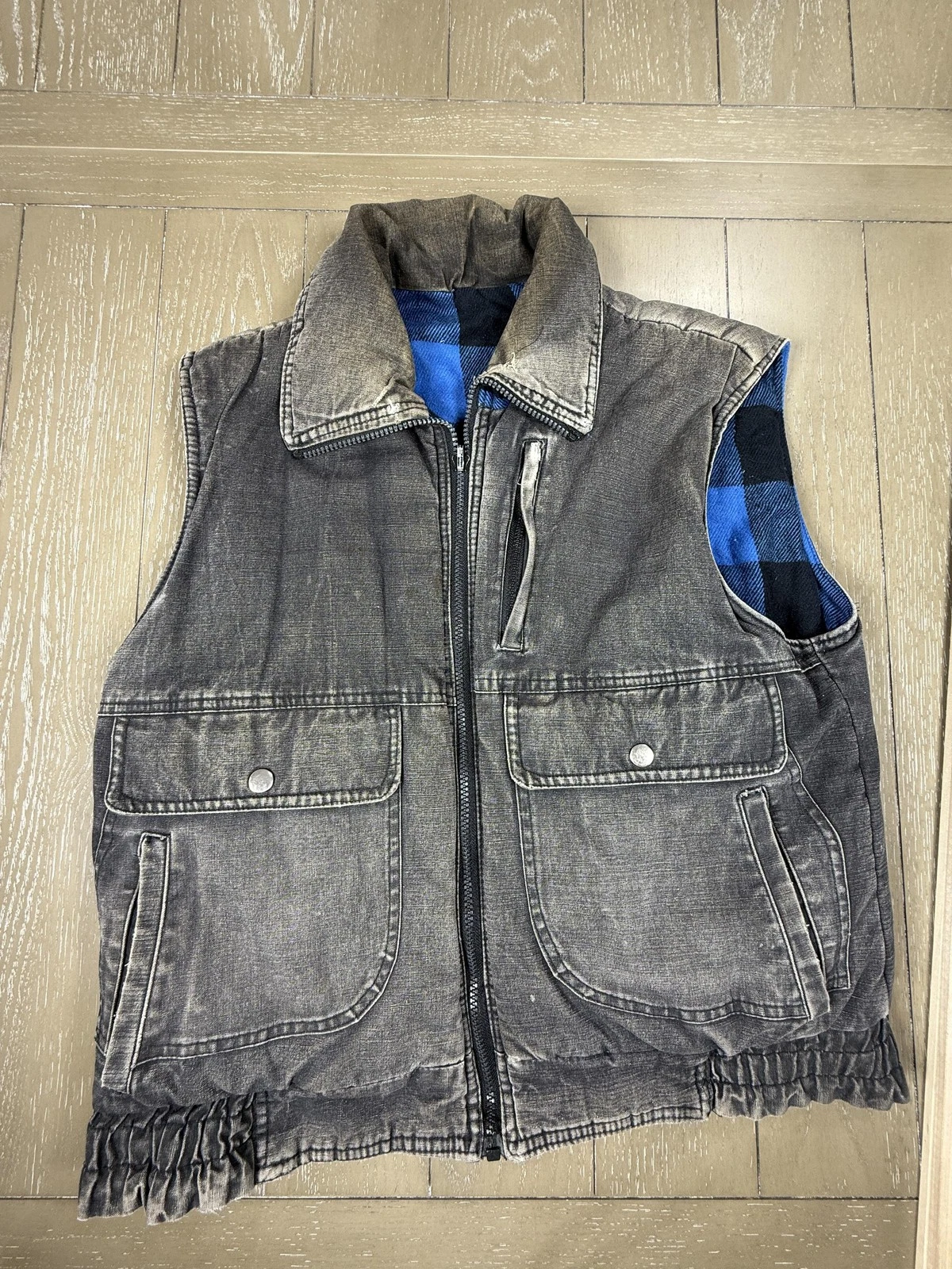 Y2K Utility Vest Mens Medium Black Gray Blue Buffalo Plaid Workwear Reversible
