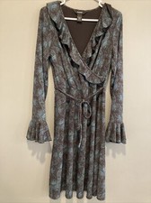 Express Womens 9/10 Black & Teal Print 3/4 Flowey Sleeve Midi Wrap Dress EUC