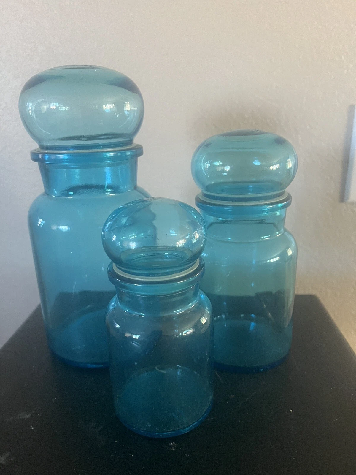 Set of 3 Vintage Blue Glass Jars/Canisters With Bubble Lids_ Made in Belgium