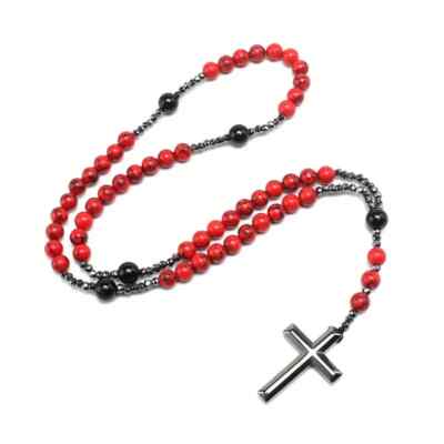 Artificial Stone Red Pine Stone Black Gallstone Cross Rosary Necklace Long Chain