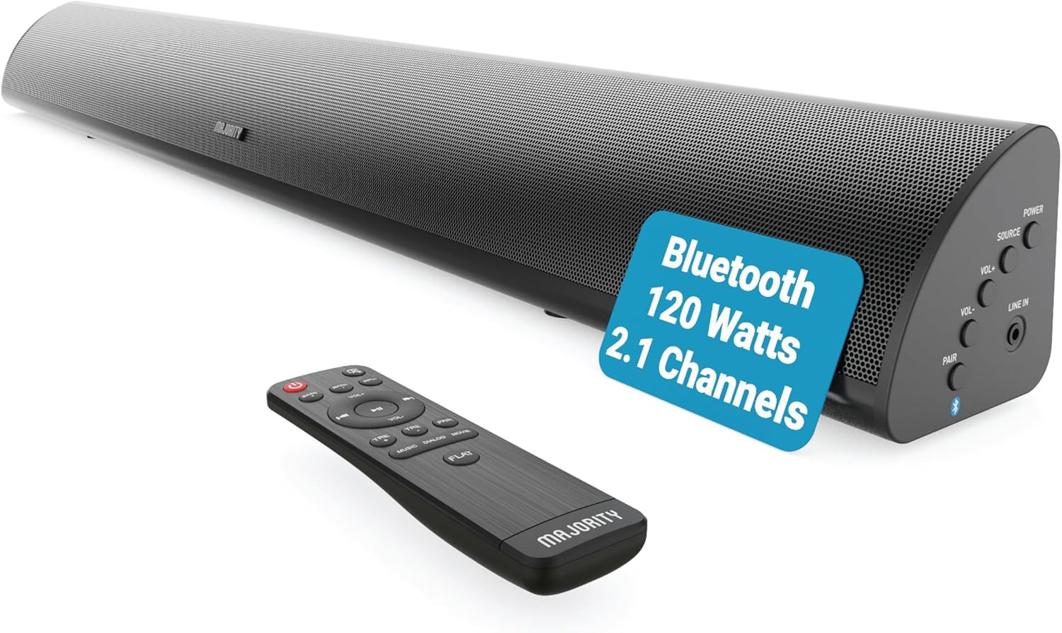 MAJORITY Bluetooth Sound Bar for TV | Built-In Subwoofer | 120 Watts 2.1 Channel