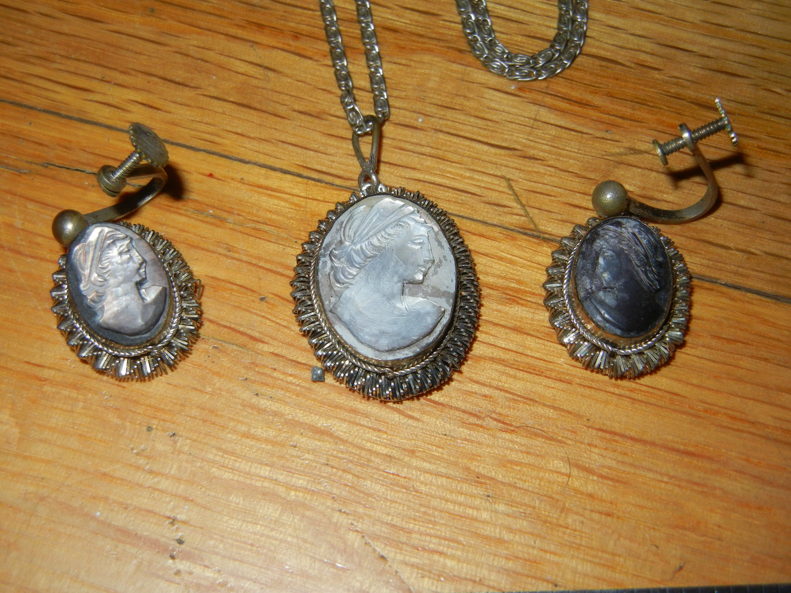Antique Art Nouveau Cameo Necklace & Earring Set Marked BCA Vincenzo
